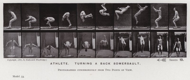 A Figura Humana em Movimento: Atleta, virando um somersault de costas (foto a p/b) de Eadweard Muybridge