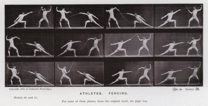A Figura Humana em Movimento: Atletas, Esgrima (foto a p/b) de Eadweard Muybridge