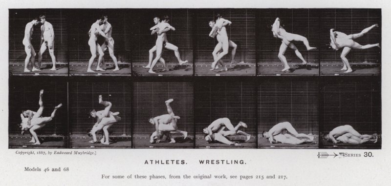 A Figura Humana em Movimento: Atletas, Luta livre (foto a p/b) de Eadweard Muybridge