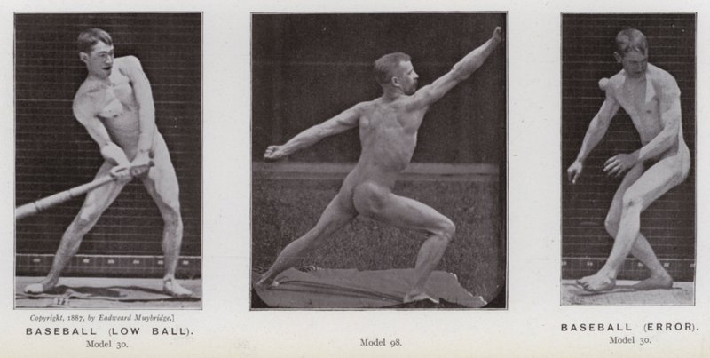 A Figura Humana em Movimento: Basebol, bola baixa; Basebol, erro (foto a p/b) de Eadweard Muybridge