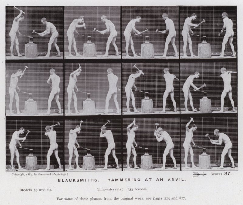 A Figura Humana em Movimento: Ferreiros, martelando numa bigorna (foto a p/b) de Eadweard Muybridge