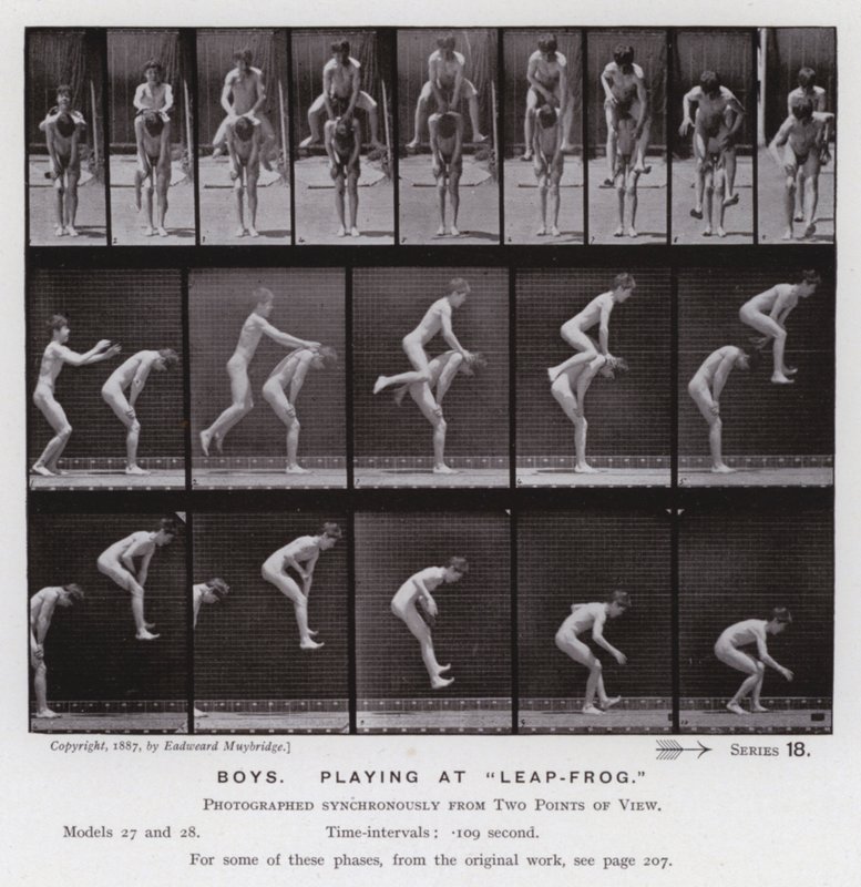 A Figura Humana em Movimento: Rapazes, a brincar no "Saltar Rã" (foto a p/b) de Eadweard Muybridge