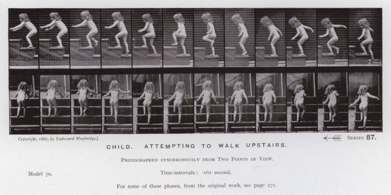 A Figura Humana em Movimento: Criança, tentando andar lá em cima (foto a p/b) de Eadweard Muybridge