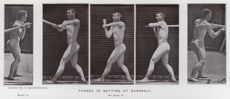 A Figura Humana em Movimento: Fases no basebol (foto a p/b) de Eadweard Muybridge