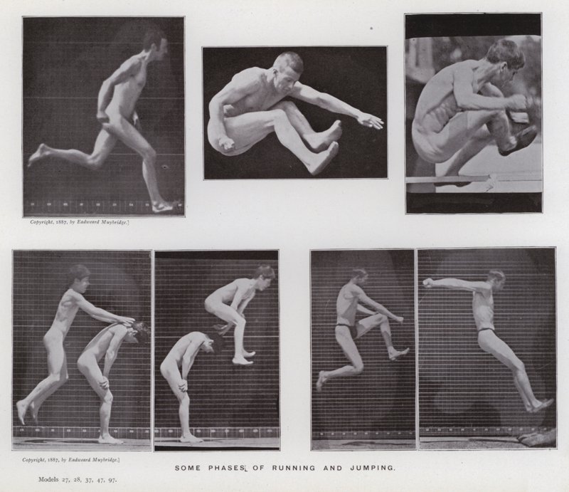 A Figura Humana em Movimento: Algumas fases de correr e saltar (foto a p/b) de Eadweard Muybridge
