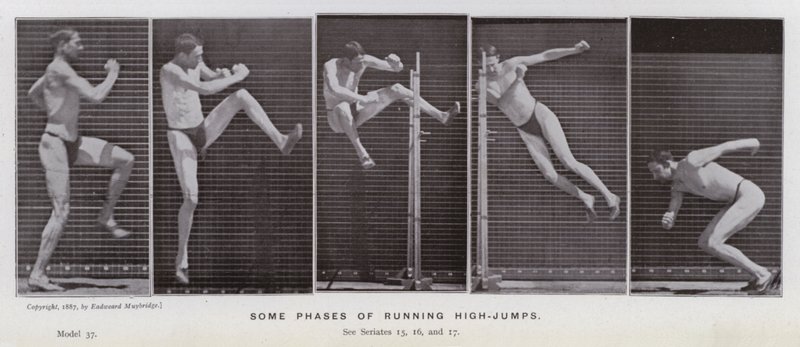 A Figura Humana em Movimento: Algumas fases da execução de saltos altos (foto a p/b) de Eadweard Muybridge