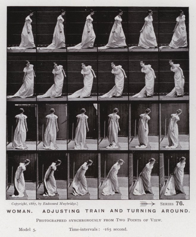 A Figura Humana em Movimento: Mulher, trem de ajuste e virada (foto a p/b) de Eadweard Muybridge