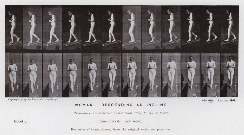 A Figura Humana em Movimento: Mulher, descendo uma inclinação (foto a p/b) de Eadweard Muybridge