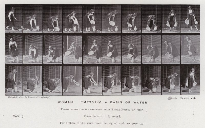 A Figura Humana em Movimento: Mulher, esvaziando uma bacia de água (foto a p/b) de Eadweard Muybridge