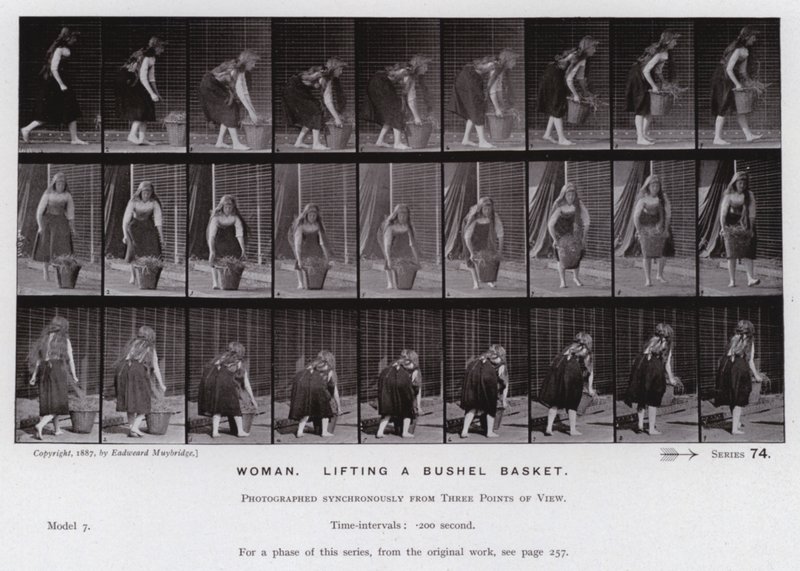 A Figura Humana em Movimento: Mulher, levantando uma cesta de alqueire (foto a p/b) de Eadweard Muybridge