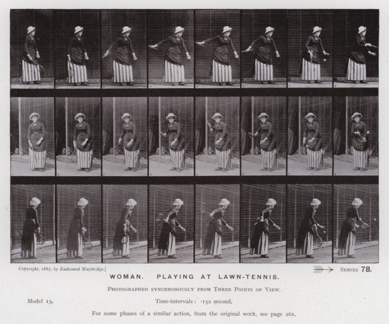 A Figura Humana em Movimento: Mulher, a brincar no ténis de relva (foto a p/b) de Eadweard Muybridge