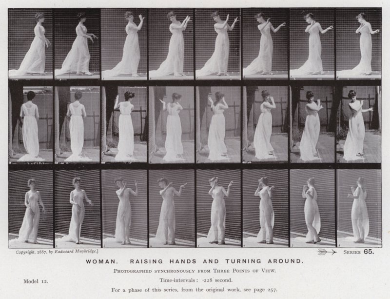 A Figura Humana em Movimento: Mulher, levantando as mãos e virando-se (foto a p/b) de Eadweard Muybridge