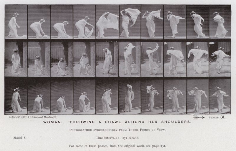 A Figura Humana em Movimento: Mulher, atirando um xaile aos ombros (foto a p/b) de Eadweard Muybridge