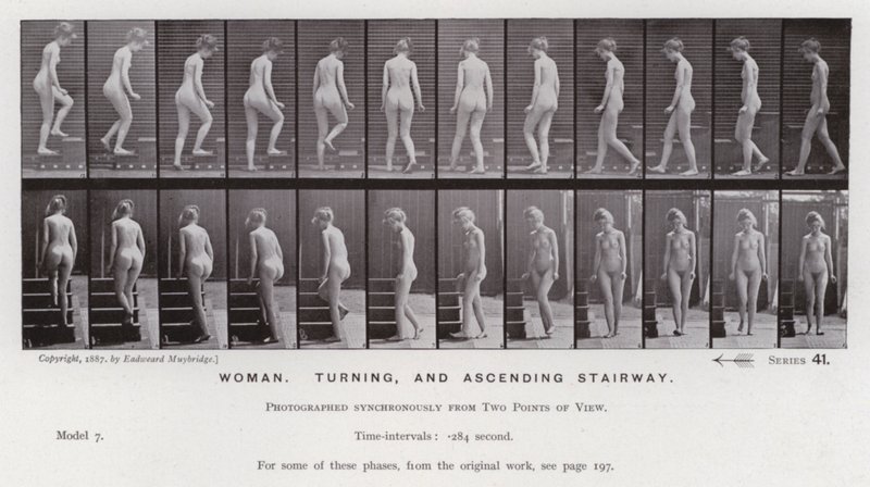 A Figura Humana em Movimento: Mulher, virando e subindo escadas (foto a p/b) de Eadweard Muybridge