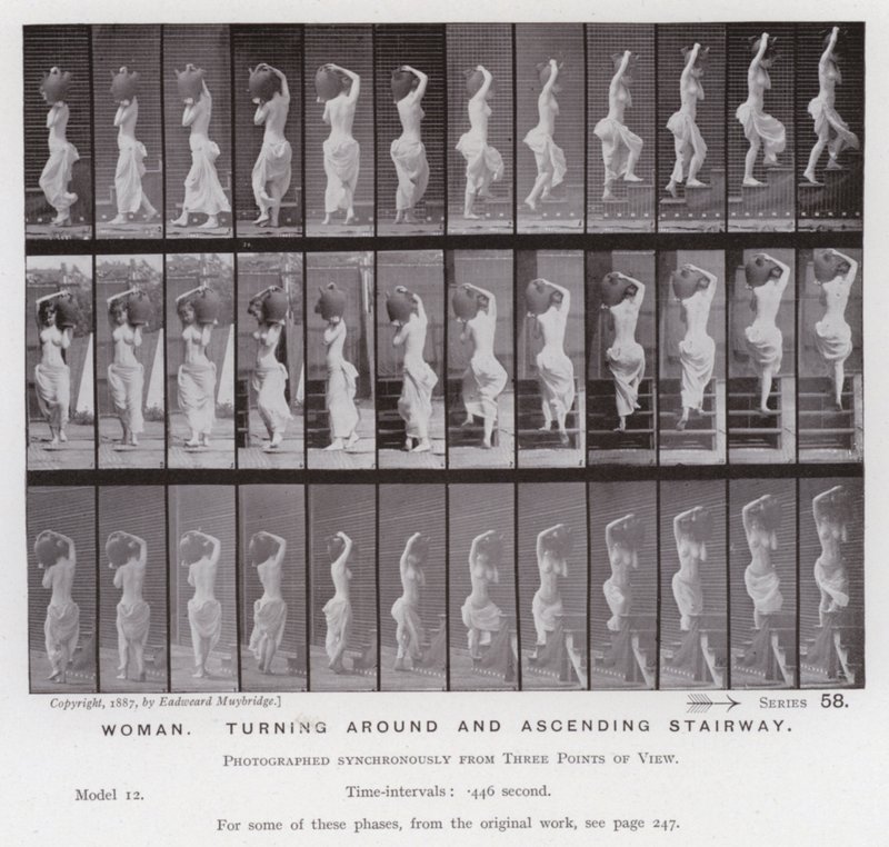 A Figura Humana em Movimento: Mulher, dando a volta e subindo escadas (foto a p/b) de Eadweard Muybridge