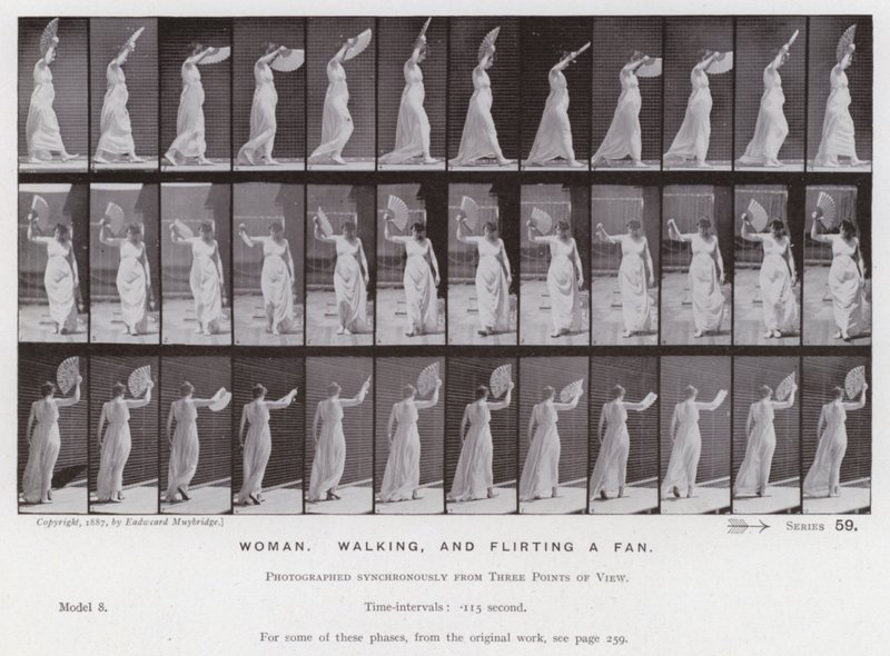 A Figura Humana em Movimento: Mulher, andando e flertando com um ventilador (foto a p/b) de Eadweard Muybridge