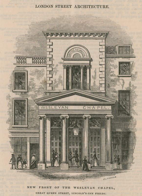 Nova frente da Capela Wesleyan, a Great Queen Street, a Lincoln&39;s Inn Fields de Ebenezer Landells