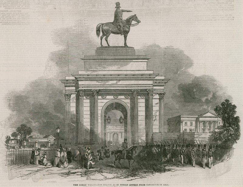 A grande estátua de Wellington e Arch como seria de Constitution Hill de Ebenezer Landells