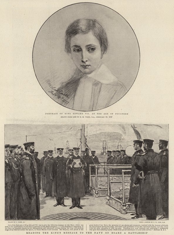 Retrato do rei Eduardo VII aos quatorze anos de idade, lendo a mensagem do rei à Marinha a bordo de um couraçado de guerra de Edgar Melville Ward