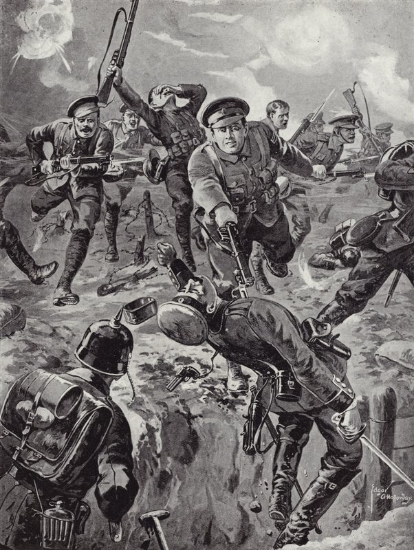 O cabo Joseph Davies e oito homens saquearam com baionetas um grupo de alemães que os haviam cercado anteriormente, Delville Wood, França, 20 de julho de 1916. de Edgar Alfred Holloway