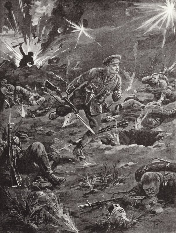O tenente Benjamin Geary, apressado sob fogo pesado, para uma trincheira à direita de Hill 60 para entrar em contato com um oficial, Ypres, Bélgica, abril de 1915 de Edgar Alfred Holloway