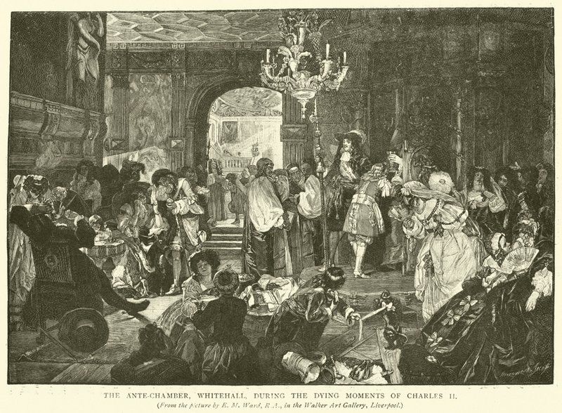 The Ante-Chamber, Whitehall, durante os últimos momentos de Charles II de Edgar Melville Ward