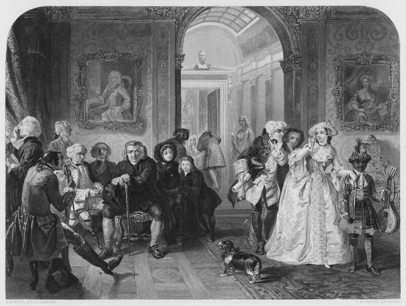 Dr. Johnson no Ante-Room of Lord Chesterfield, da foto na Galeria Vernon de Edgar Melville after Ward