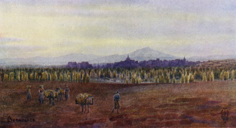 Norte de Espanha: Benavente, de cima da Ponte de Castro Gonzalo (lito a cores) de Edgar T. A. Wigram