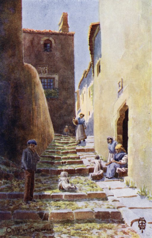 Norte de Espanha: Cáceres, Calle de la Cuesta de Aldana (cor litho) de Edgar T. A. Wigram