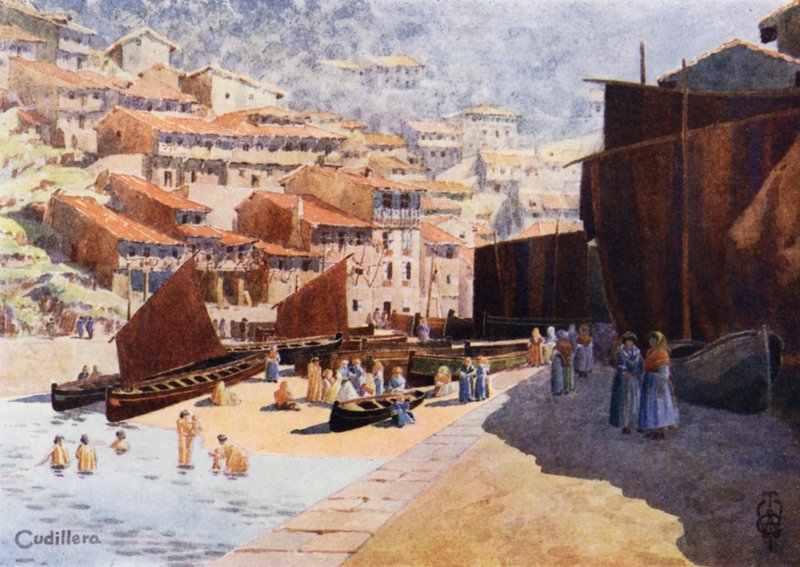 Norte da Espanha: Cudillero, The Harbour (lito a cores) de Edgar T. A. Wigram