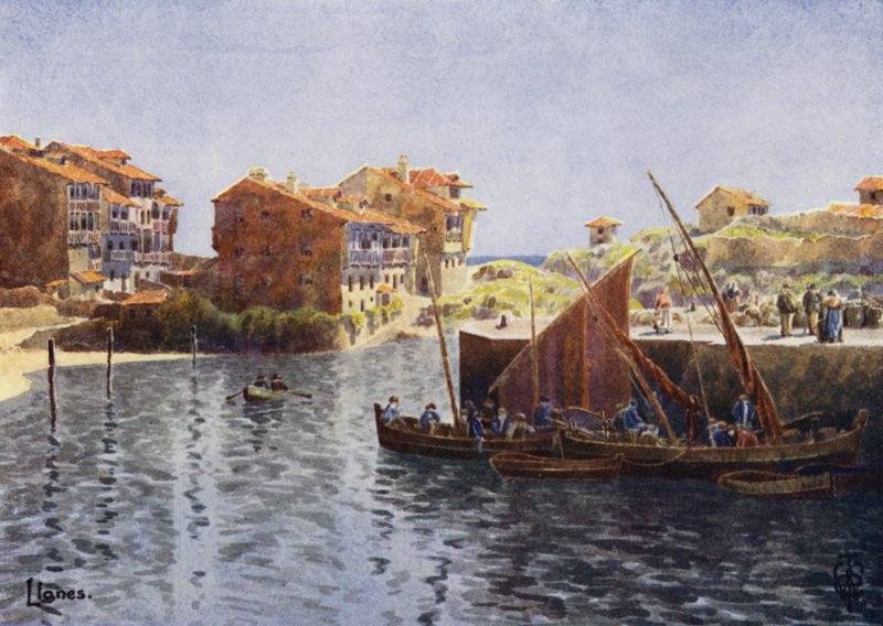 Norte da Espanha: Llanes, The Harbour (lito a cores) de Edgar T. A. Wigram