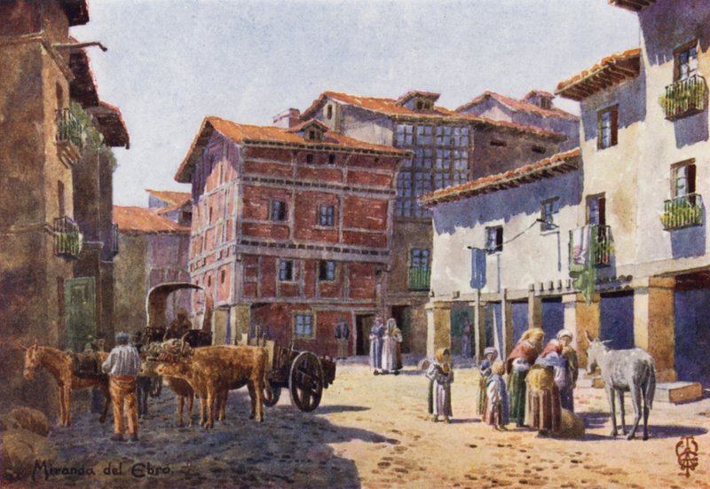 Norte de Espanha: Miranda del Ebro, A Corner in the Town (cor litho) de Edgar T. A. Wigram