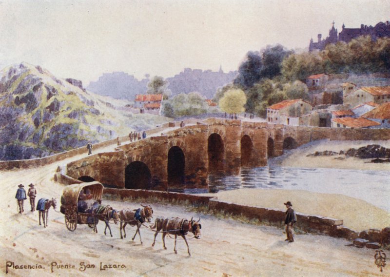 Norte de Espanha: Plasencia, Puente San Lazaro (cor litho) de Edgar T. A. Wigram