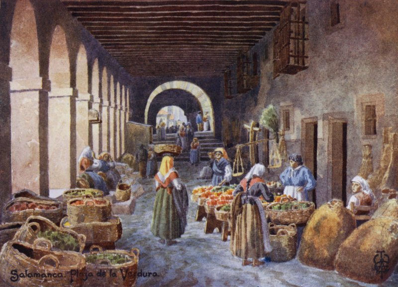 Norte de Espanha: Salamanca, Arcadas na Plaza de la Verdura (cor litho) de Edgar T. A. Wigram