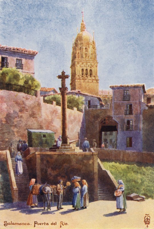 Norte da Espanha: Salamanca, Puerta del Rio, com a Torre da Catedral (lito a cores) de Edgar T. A. Wigram