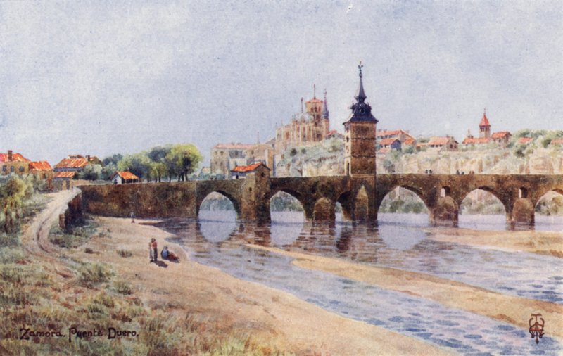 Norte de Espanha: Zamora, Das margens do Duero (cor litho) de Edgar T. A. Wigram