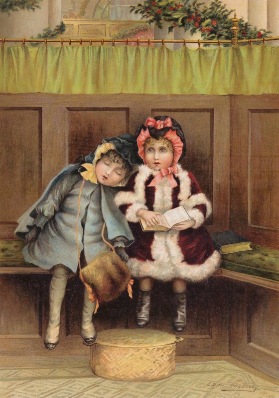 Duas garotas na igreja na manhã de Natal (chromolitho) de Edith S. Berkeley