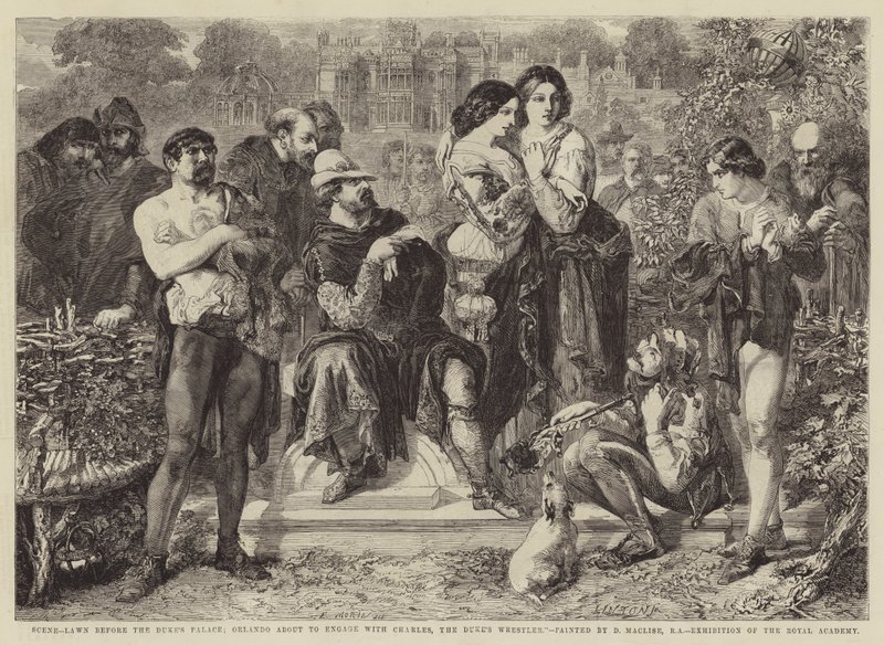 Cena, gramado antes do Palácio do Duque; Orlando prestes a se envolver com Charles, o lutador do Duque de Edmond Morin