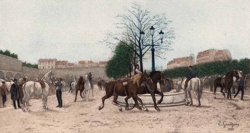 Mercado de Cavalos em Paris (fotogravura a cores) de Edmond Georges Grandjean