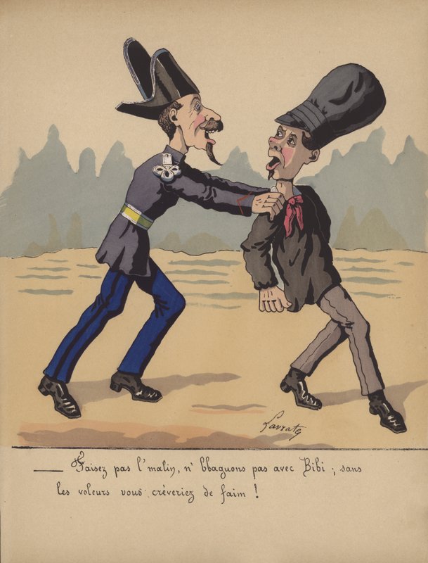 Polícia a prender um ladrão (cor litho) de Edmond Lavrate