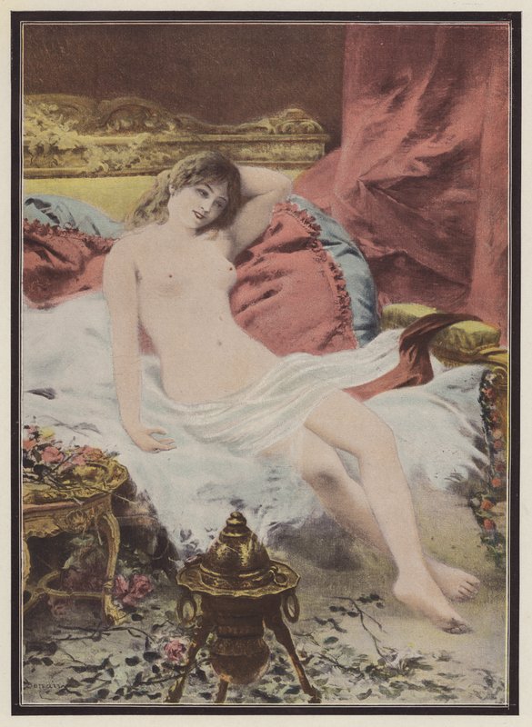 Delerium, mulher sentada num sofá (cor litho) de Edmond Louis Dupain