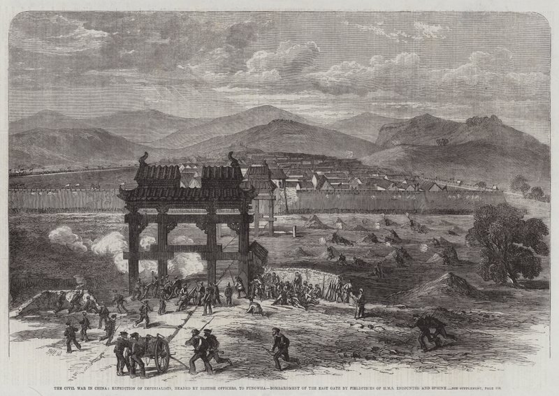 A Guerra Civil na China, Expedição dos Imperialistas, chefiada por oficiais britânicos, a Fungwha, Bombardeio do Portão Leste por Fieldpieces of HMS Encounter and Sphinx de Edmund Morison Wimperis