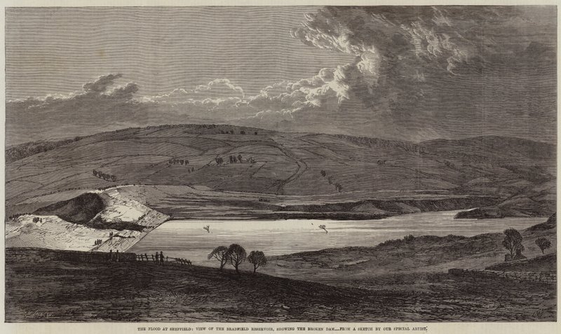 O dilúvio em Sheffield, vista do reservatório de Bradfield, mostrando a barragem quebrada de Edmund Morison Wimperis