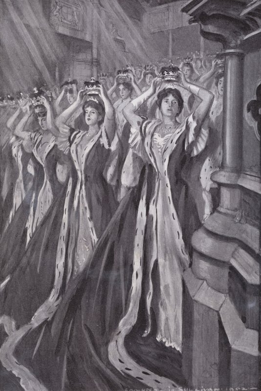 As colegas colocam os seus coroamentos na coroação da Rainha Alexandra, Consorte do Rei Eduardo VII, Abadia de Westminster, Londres de Edmund Joseph (after) Sullivan
