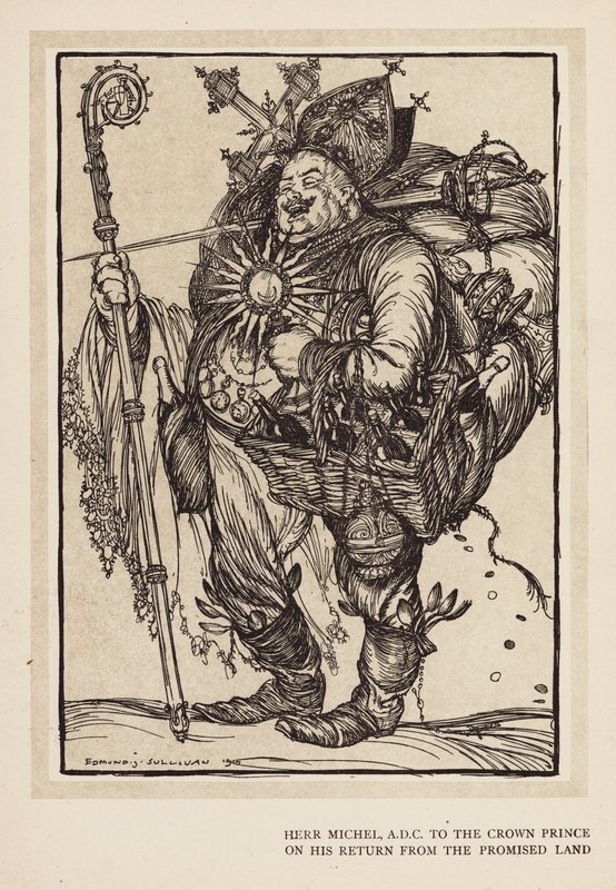 A grinalda do Kaiser: Herr Michel, ADC do Príncipe Herdeiro no seu regresso da Terra Prometida (litografia) de Edmund Joseph (after) Sullivan