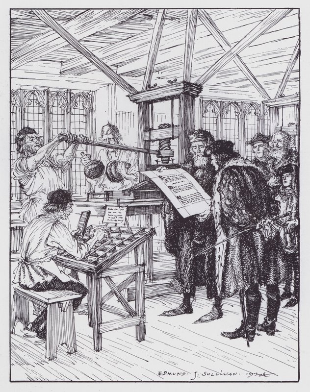 William Caxton na sua loja de impressão (litho) de Edmund Joseph (after) Sullivan