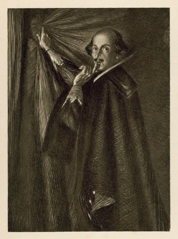 William Shakespeare segurando a cortina, e nos dizendo para ficarmos quietos (litho) de Edmund Joseph Sullivan