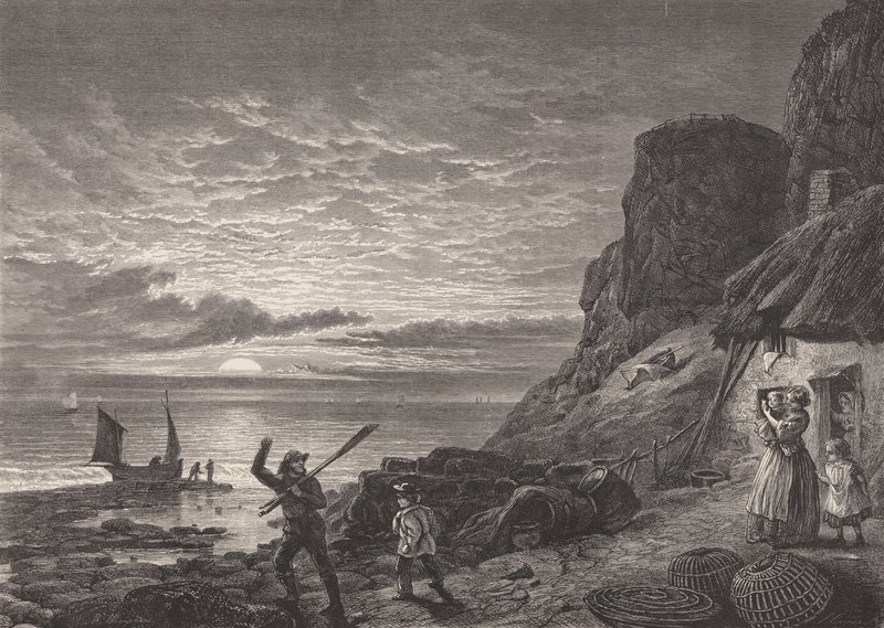 Pai e filho pescadores despedem-se da família (gravura) de Edmund Morison (after) Wimperis