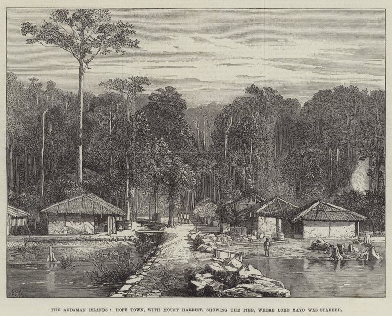 As Ilhas Andaman, Hope Town, com o Monte Harriet, mostrando o Pier, onde Lord Mayo foi esfaqueado de Edmund Morison Wimperis