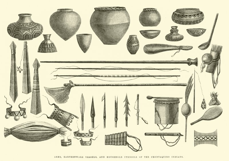 Armas, vasos de barro e utensílios domésticos dos índios Chontaquiro de Edouard Riou
